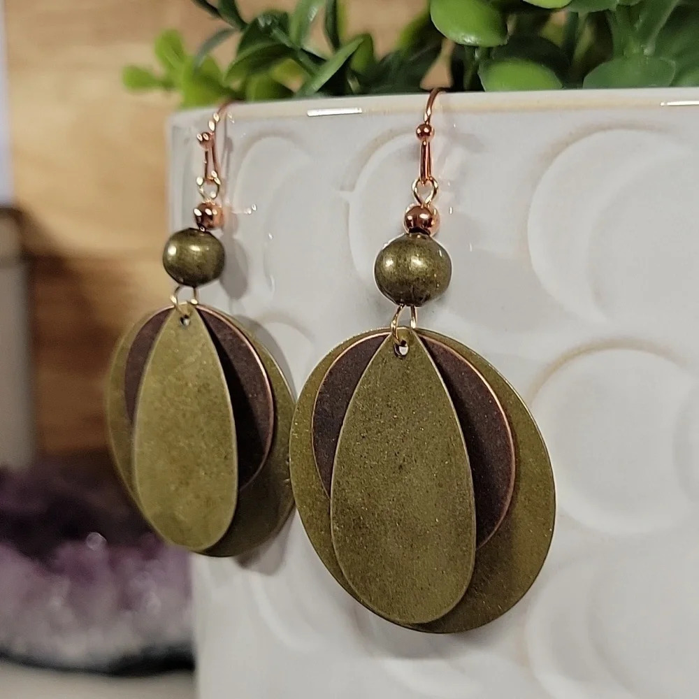 Bronze & Copper Teardrop Circle Drop Earrings